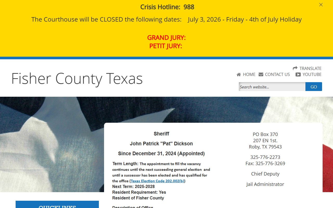 Fisher County Law Enforcement Center Jail sheriff contact and inmate custody information